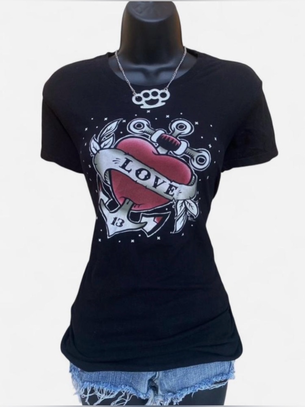 Y2k Grunge Lucky 13 Baby Tee Anchor & Heart ‘LOVE’ Design 2010